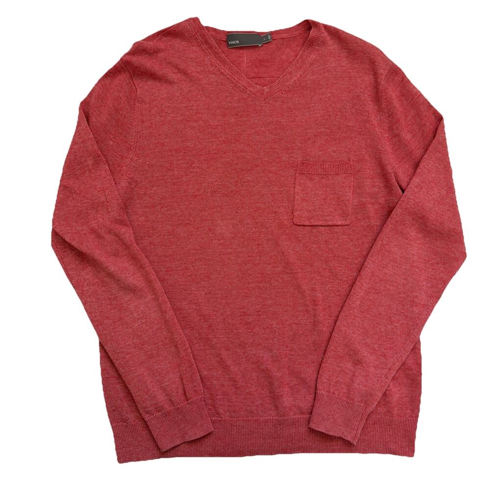 Vince Linen Blend Sweater Mens Large Red V-Neck  Chest Pocket Casual Office